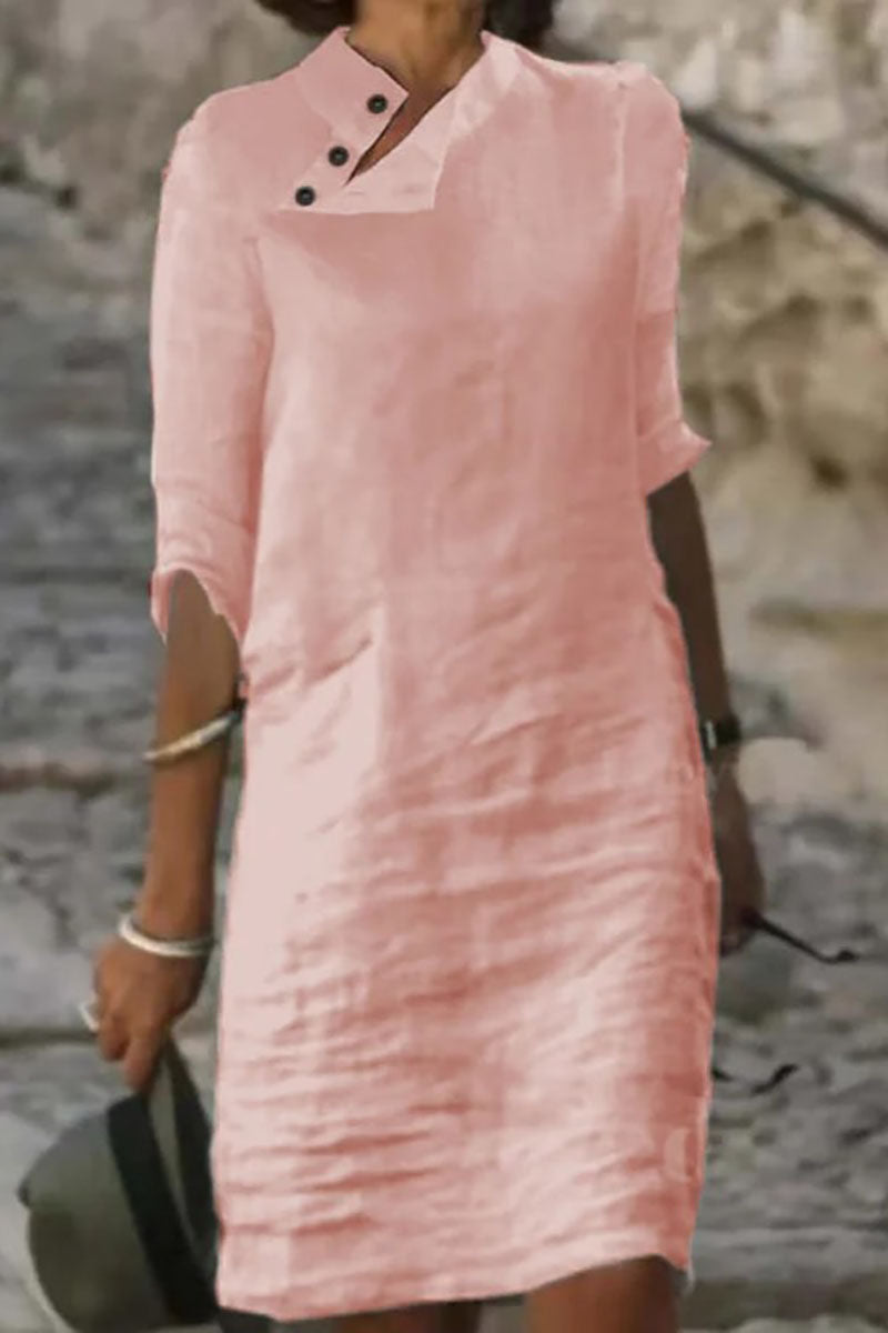Irregular Button Trim Half Sleeve Casual Linen Midi Dress