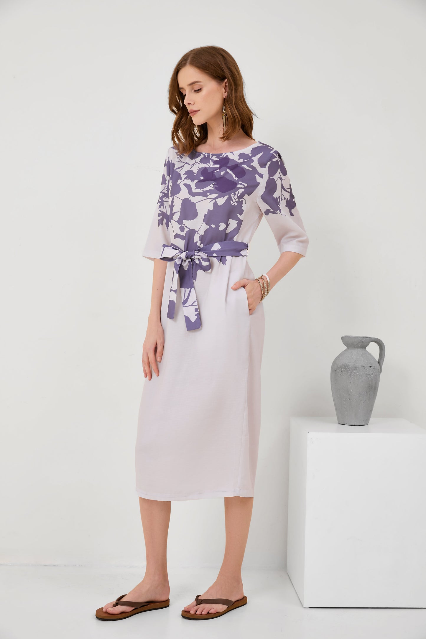 Cotton-Linen Floral Print Mid-Sleeve Dress