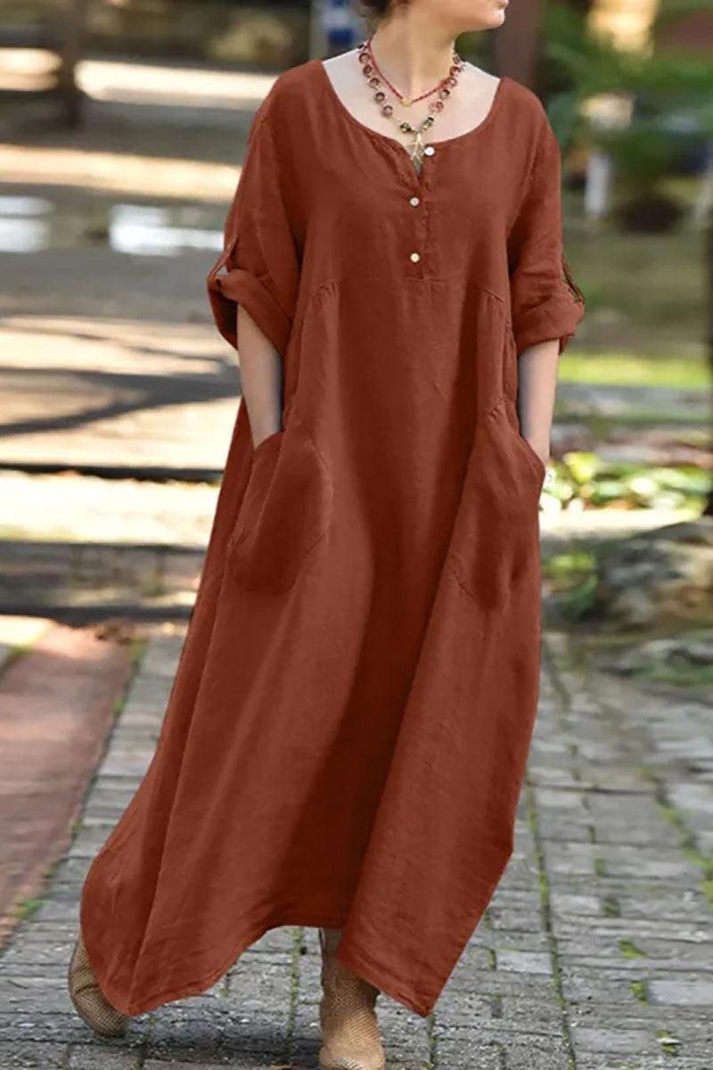 Roll Up Sleeve Irregular Neck Pocket Button Pleated Linen Maxi Dress