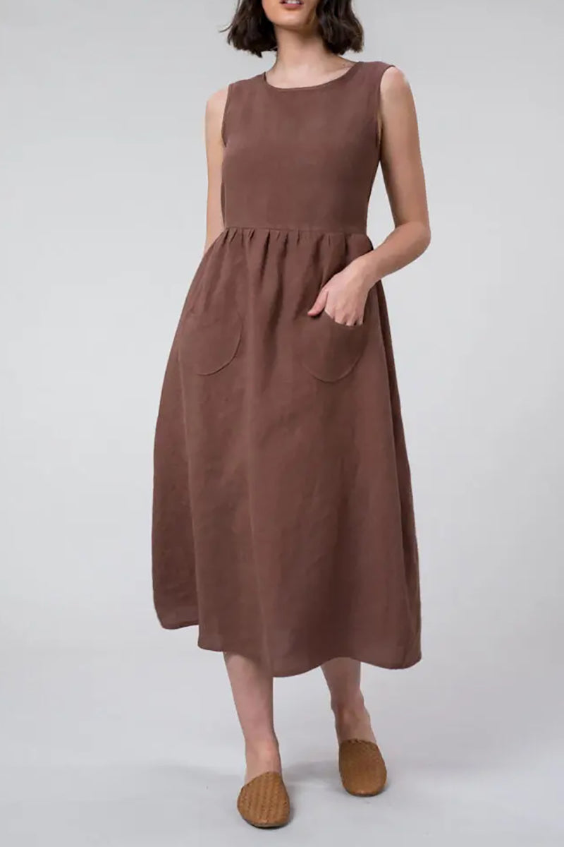 Linen Brown Pleated Pocket Midi Dress PRE-ORDER