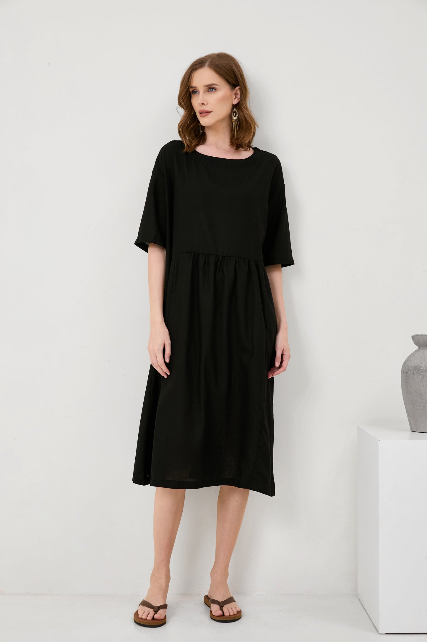 Cotton And Linen A-Line Midi Dress