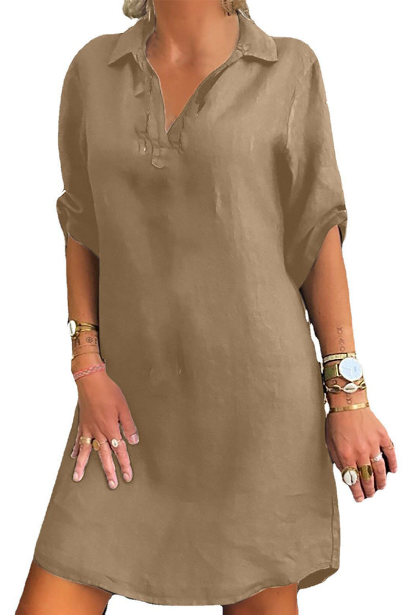 V Neck Roll Sleeve Linen Shirt Mini Dress