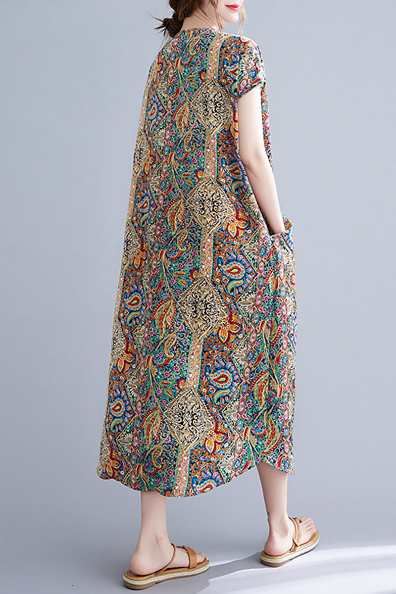 V Neck Short Sleeve Linen Print Midi Dress