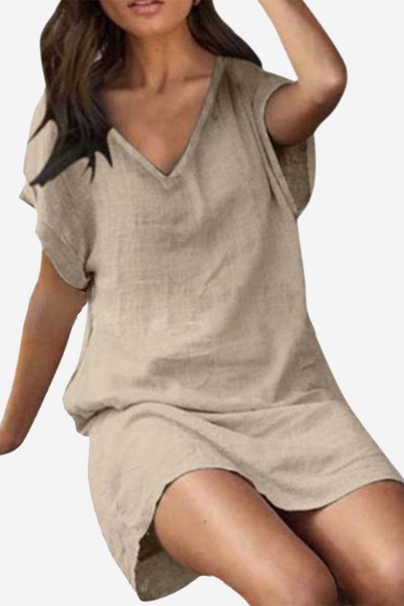Linen V Neck Short Sleeve Loose Fit Casual Mini Dress