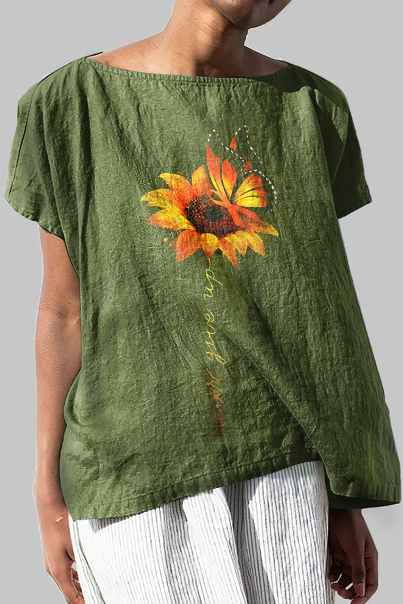 Linen Sunflower Butterfly Never Give Up Green Top