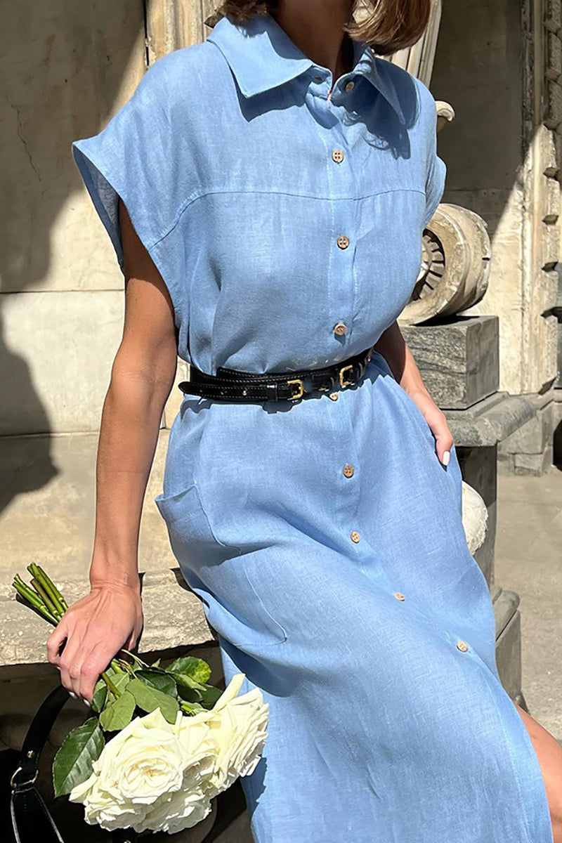 Linen Turndown Collar Short Sleeve Button Up Slit Tie Up Pocket Casual Midi Dress