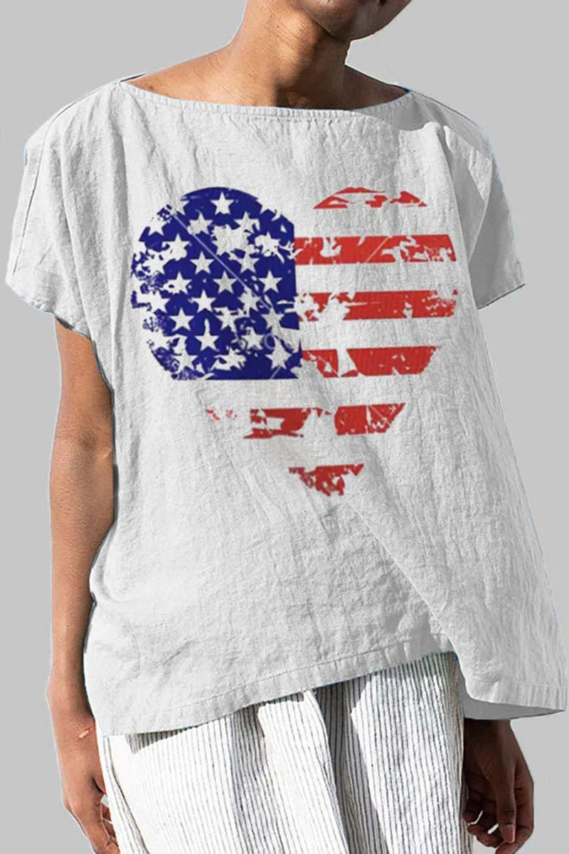 Linen White Heart Shape Pattern Print Short Sleeve Top