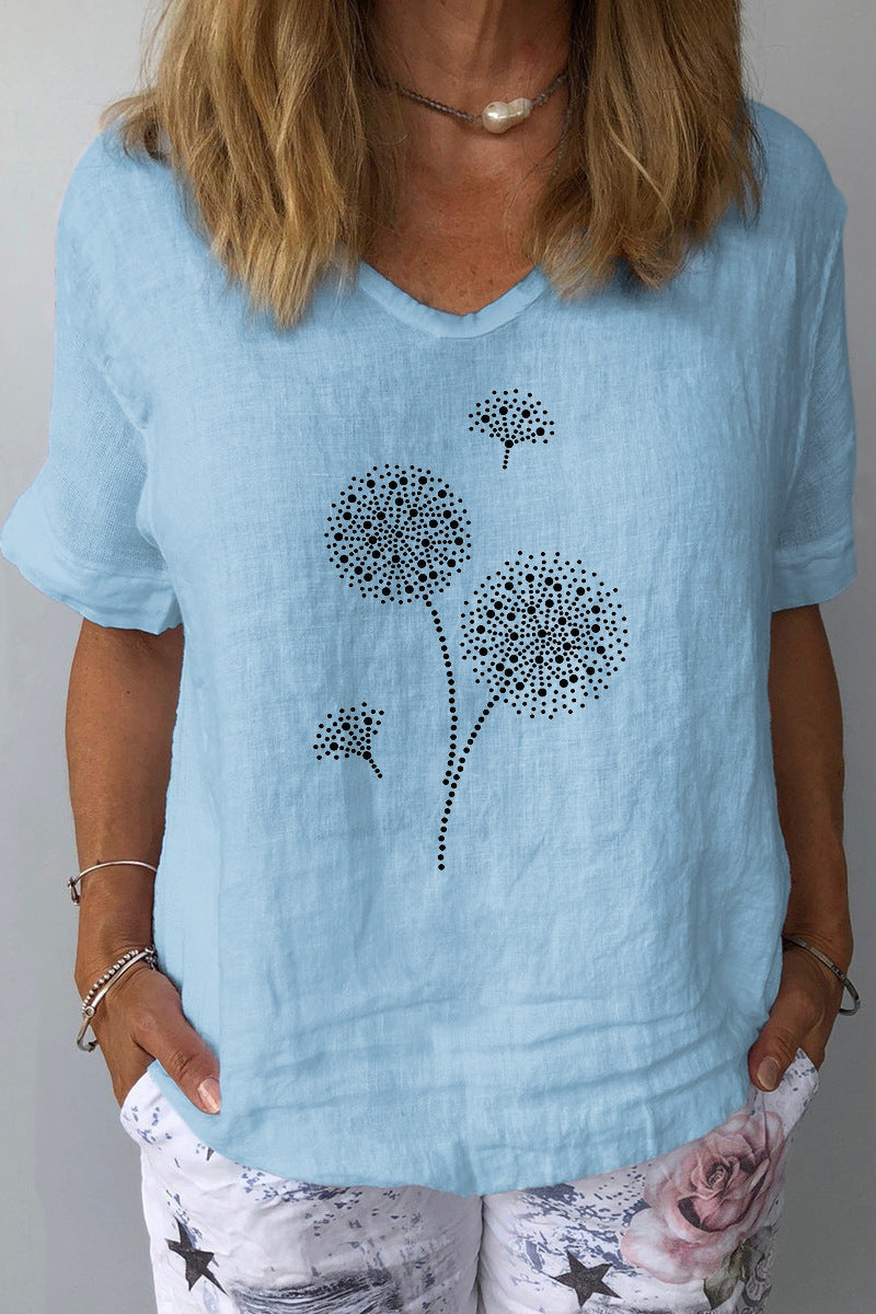 Dandelion Print V Neck Short Sleeve Casual Linen Top