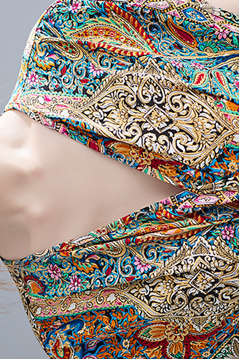 V Neck Short Sleeve Linen Print Midi Dress