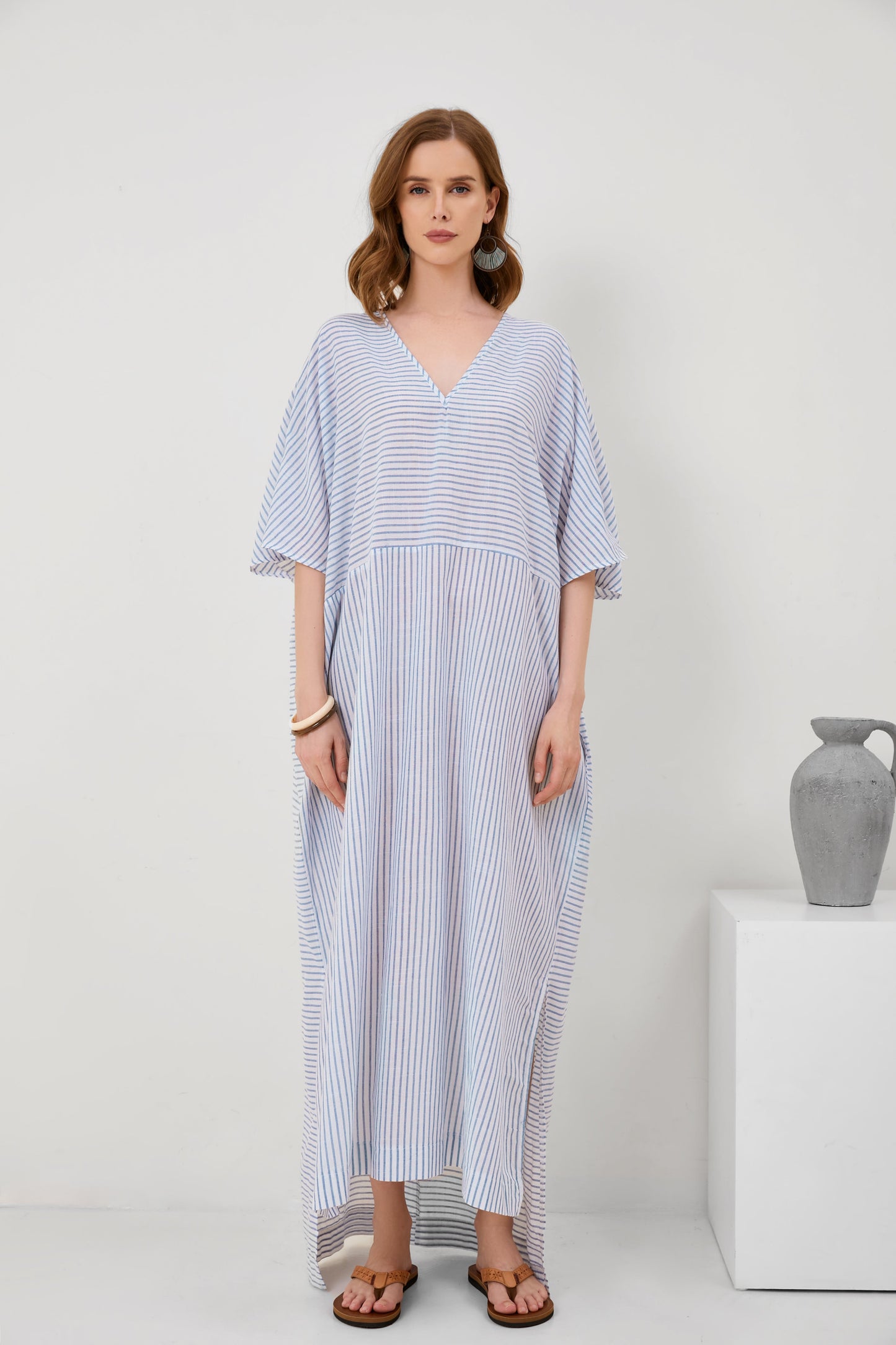 Flared Sleeve V-Neck Striped Panel Fashion Long Dress