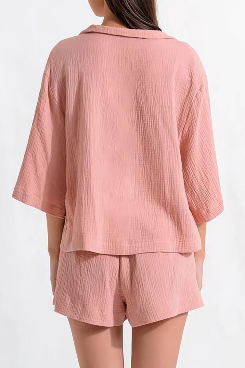 V Neck Button Half Flare Sleeve Top Drawstring Slit Pocket Shorts Pink Pleated Linen Casual Matching Set