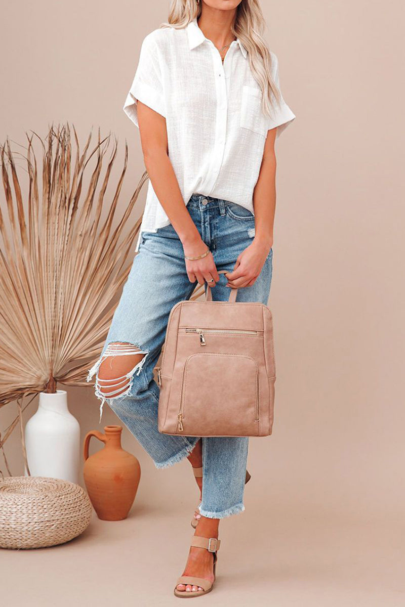 Button Pocket Short Sleeve Turndown Slit Linen Blouse