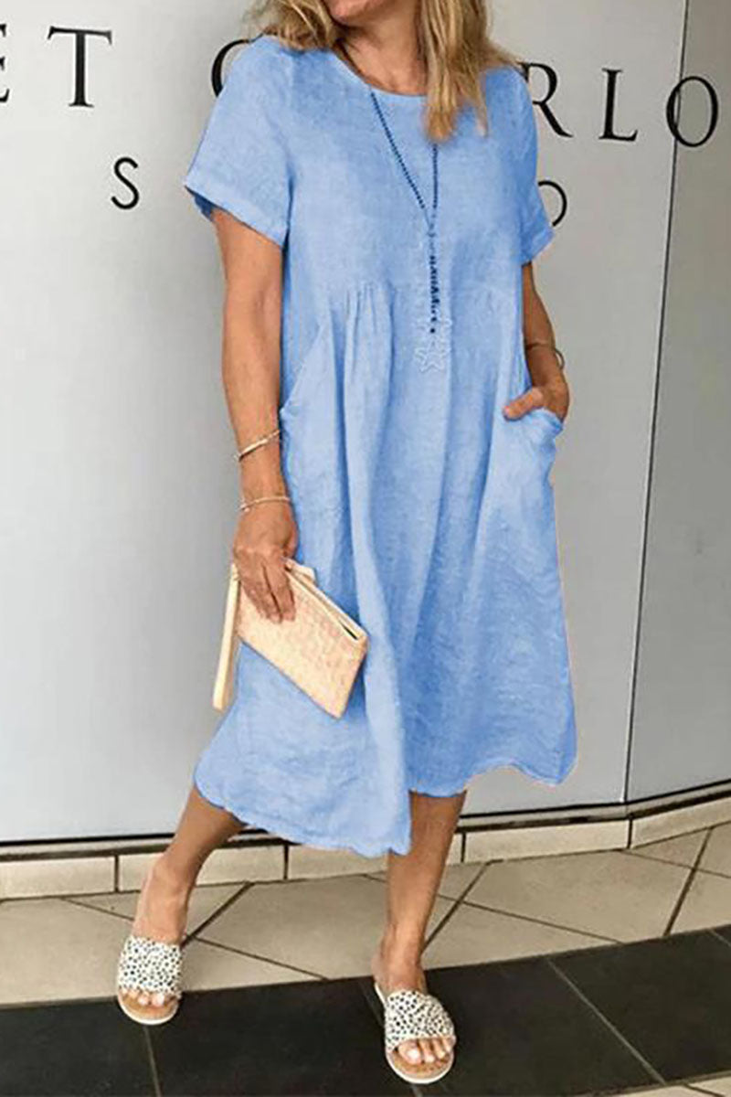 Plain Round Neck Short Sleeve Pocket Linne Midi Dress
