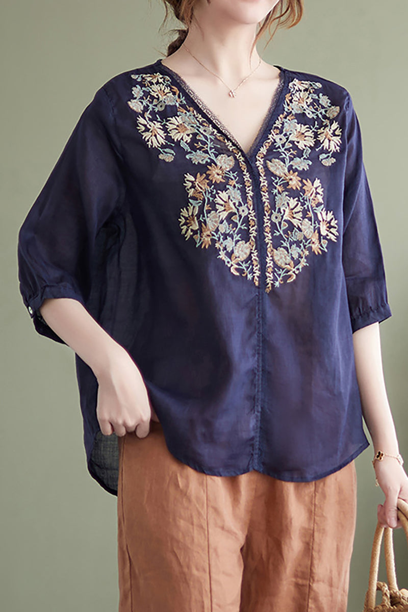 V Neck Floral Embroidery Three Quarter Sleeve Linen Top