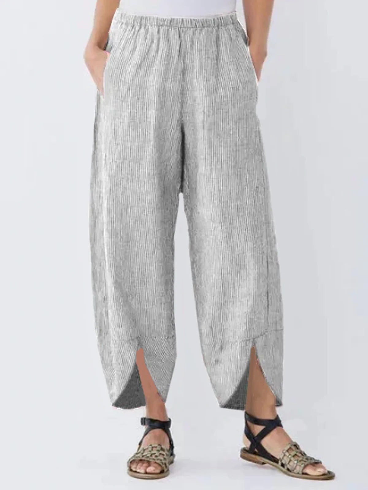 Womens Cotton Linen Elastic Waist Wide Leg Pants