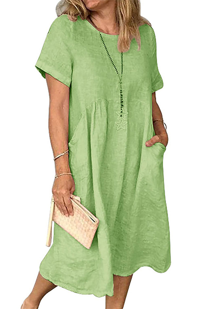 Plain Round Neck Short Sleeve Pocket Linne Midi Dress