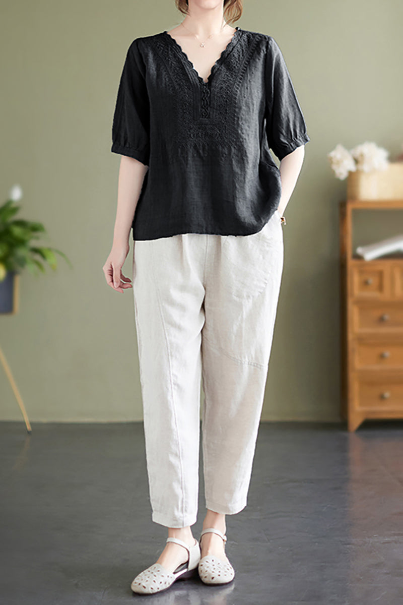 V Neck Embroidery Half Sleeve Linen Top