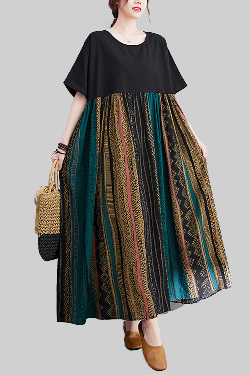 Linen Black Round Neck Half Sleeve Maxi Dress