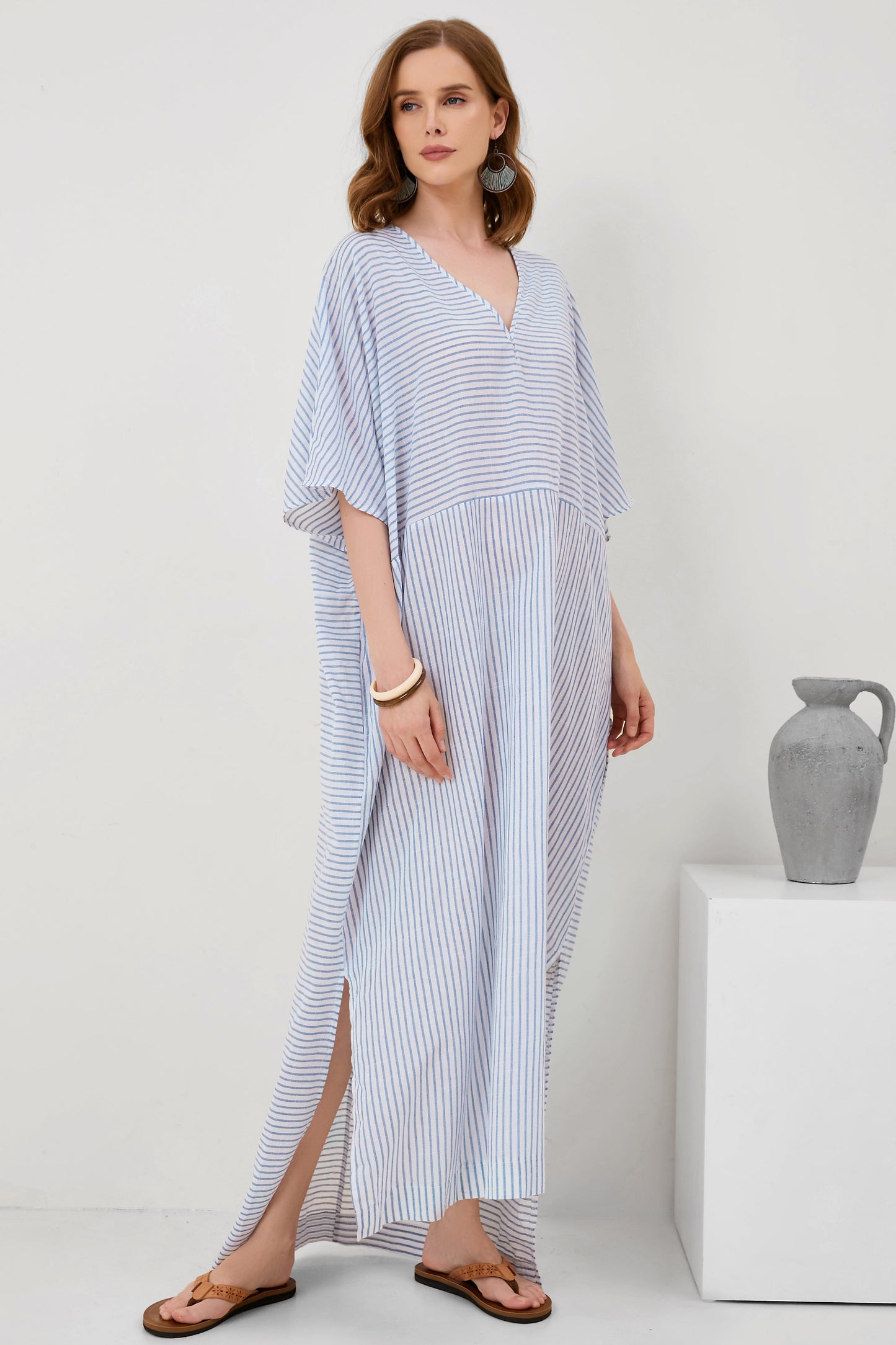 Flared Sleeve V-Neck Striped Panel Fashion Long Dress