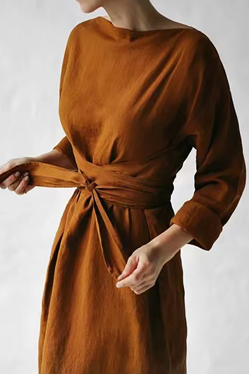 Linen Boat Neck Long Sleeve Tie Up Loose Fit Casual Maxi Dress