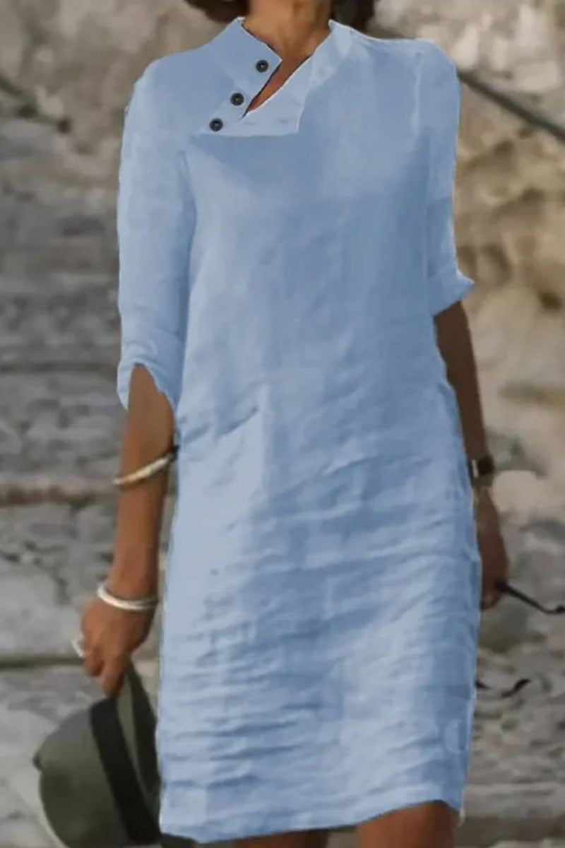 Irregular Button Trim Half Sleeve Casual Linen Midi Dress