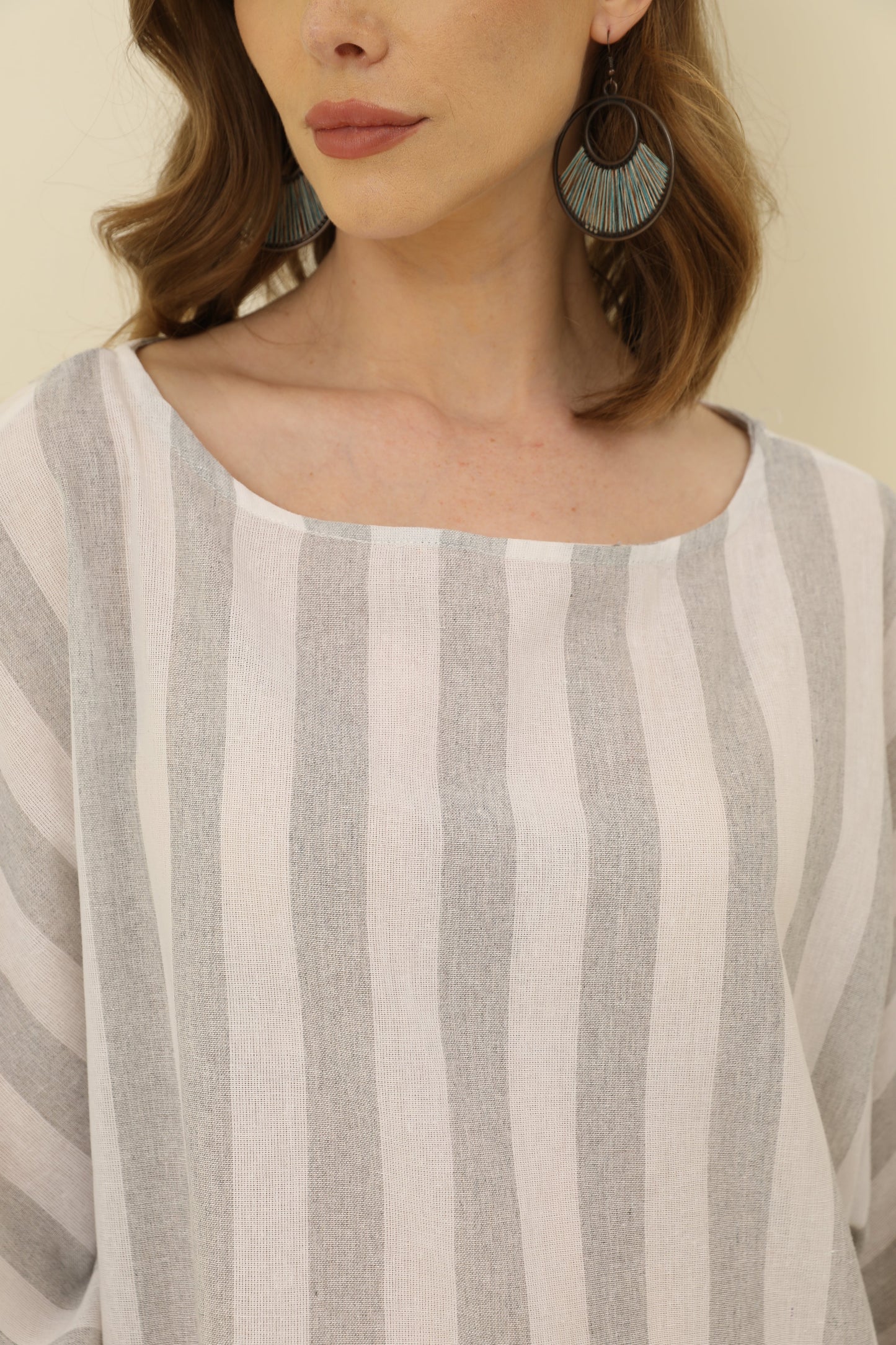 Cropped Sleeves Round Neck Cotton And Linen Comfort Dress