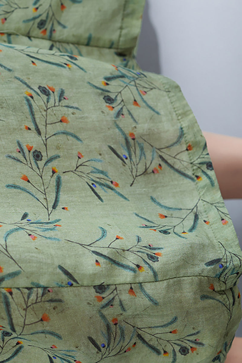 Half Sleeve V Neck Floral Print Linen Midi Dress