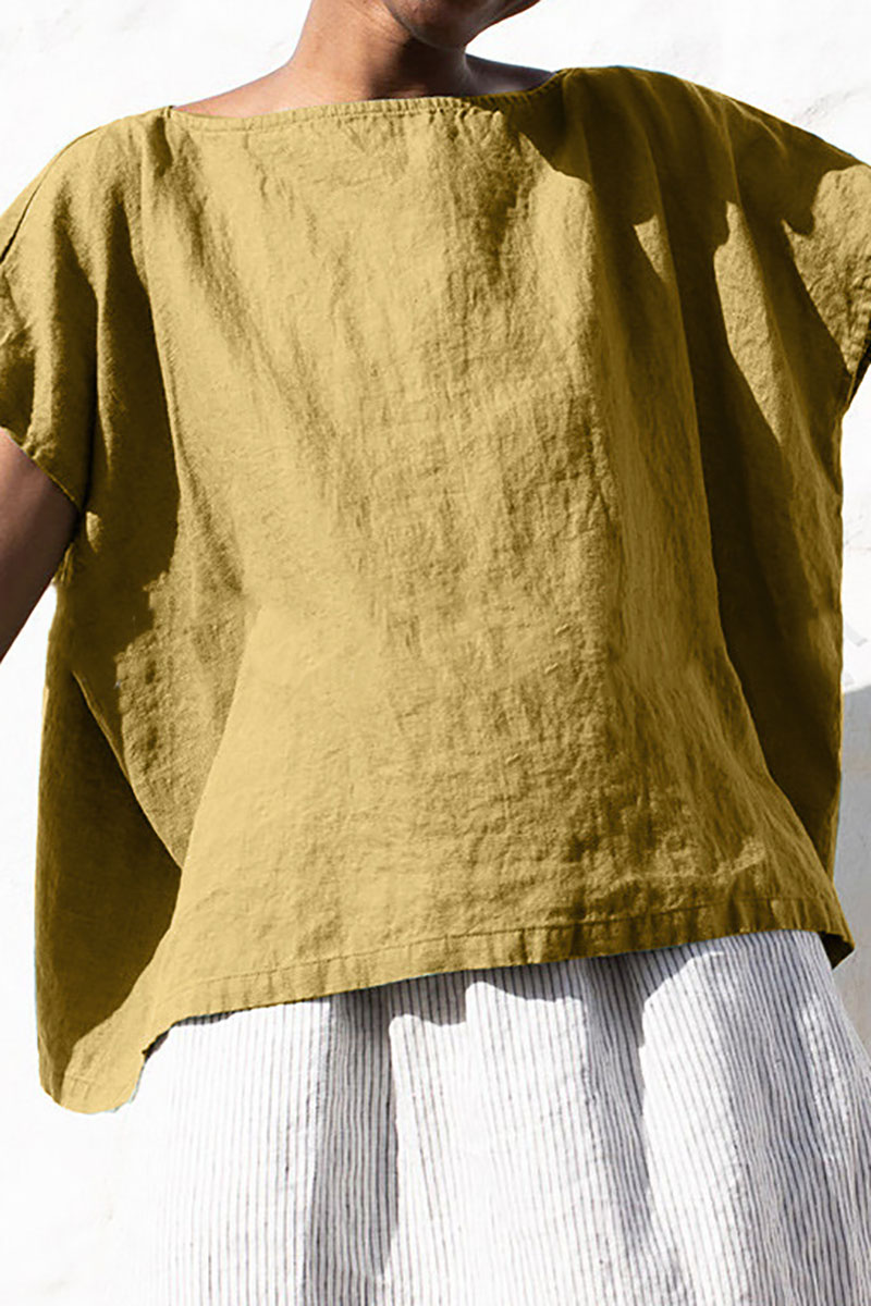 Boat Neck Short Sleeve Casual Linen T-Shirt