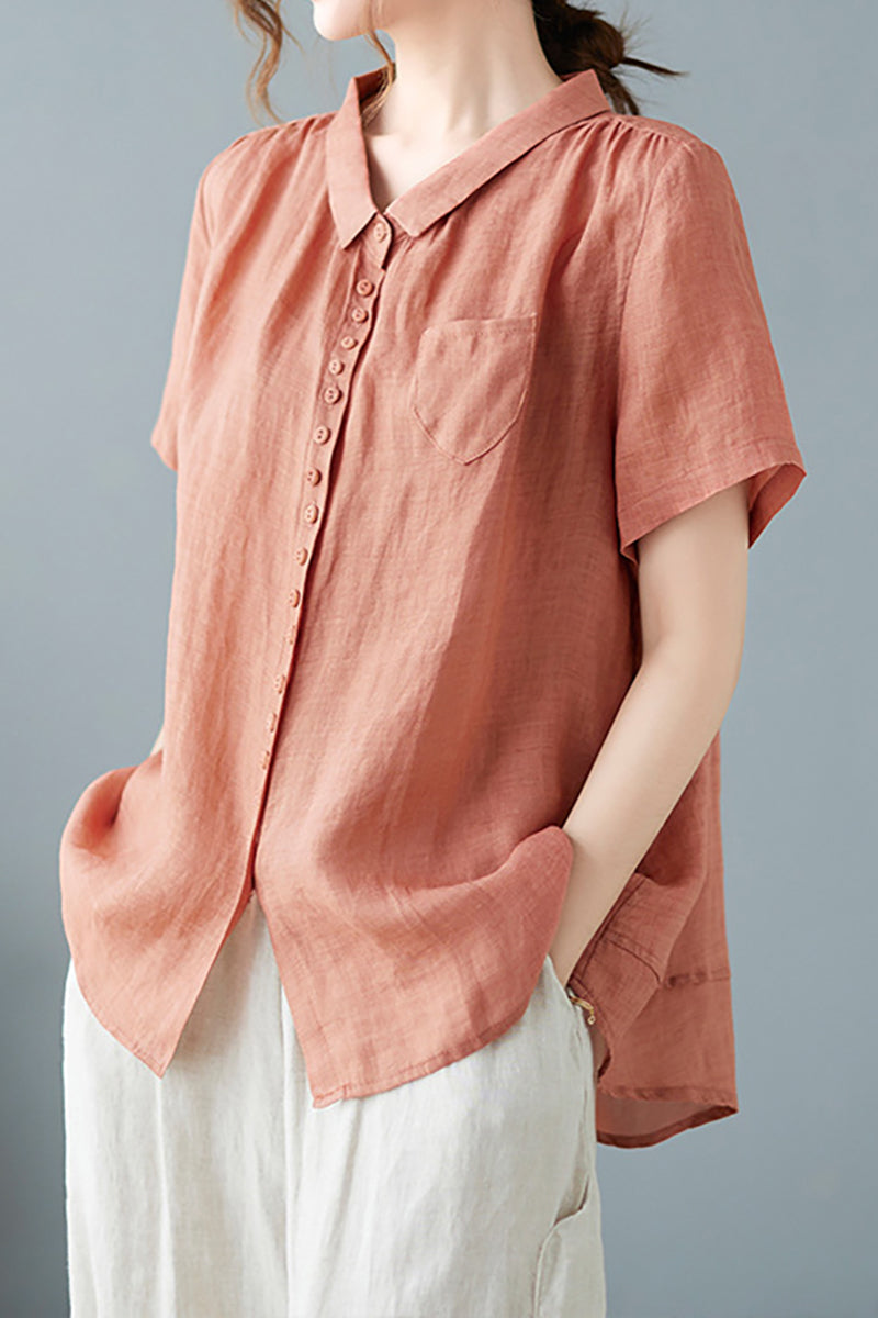 V Neck Short Sleeve Button Pocket Linen Blouse