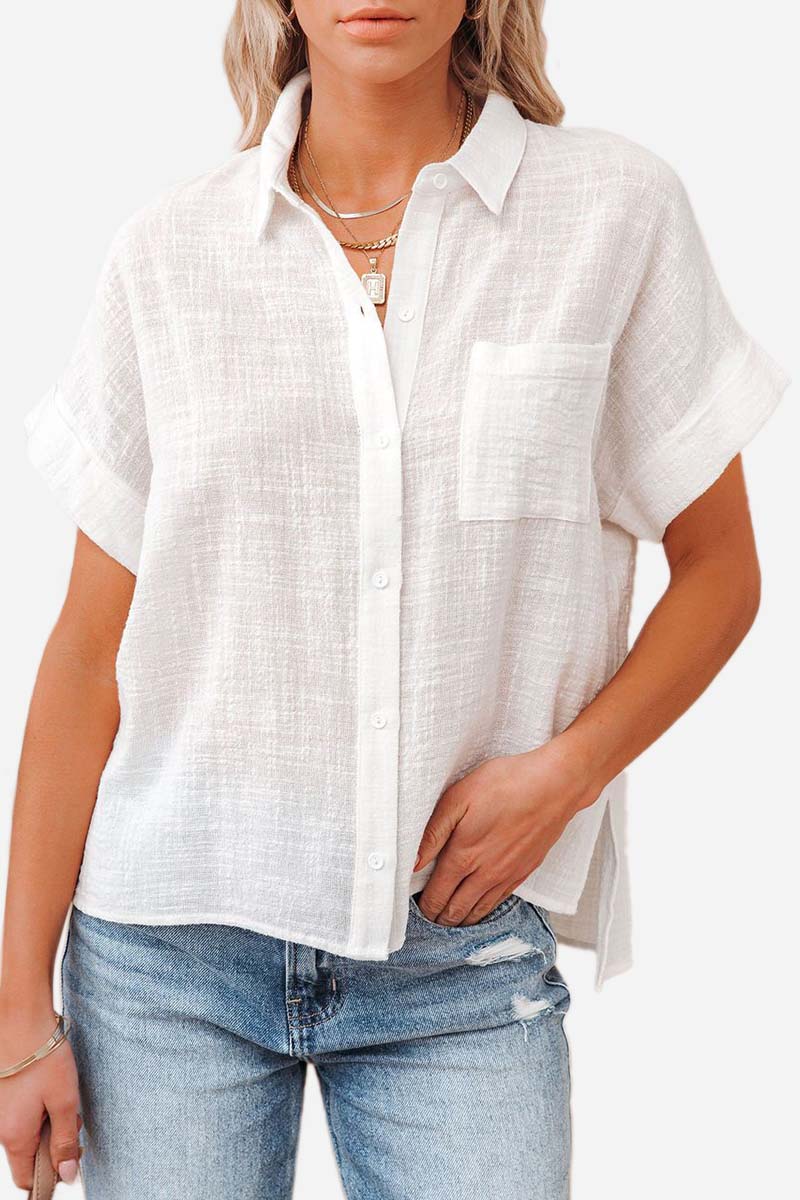 Button Pocket Short Sleeve Turndown Slit Linen Blouse