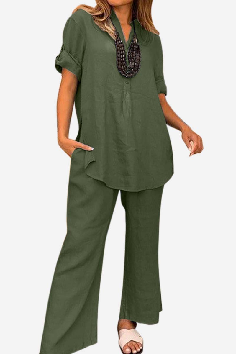 Linen V Neck Short Sleeve Loose Fit Blouse Wide Straight Leg Pocket Casual Pants Matching Set