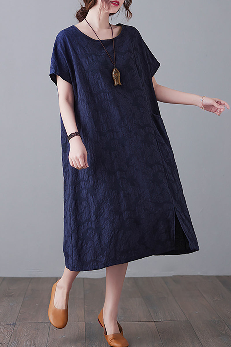 Round Neck Short Sleeve Linen Midi Dress
