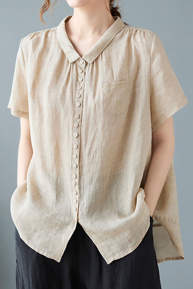 V Neck Short Sleeve Button Pocket Linen Blouse