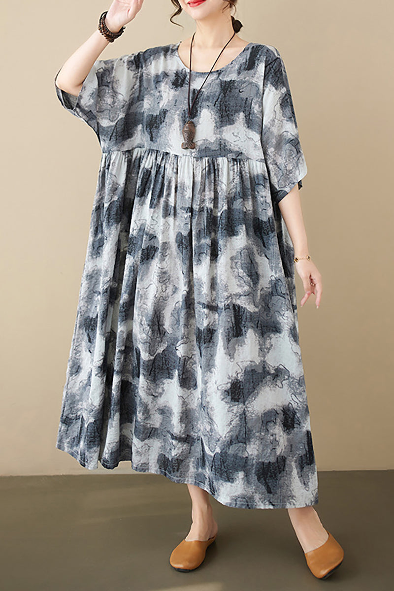 Pattern Print Half Sleeve Round Neck Linen Midi Dress