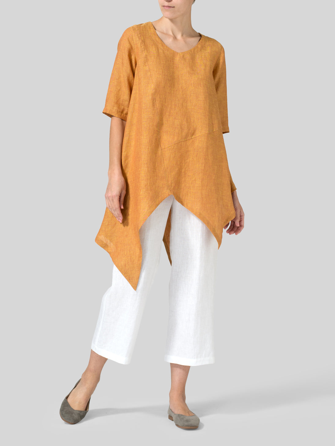 Womens Fashion orange Cotton Linen Asymmetric Long Shirt
