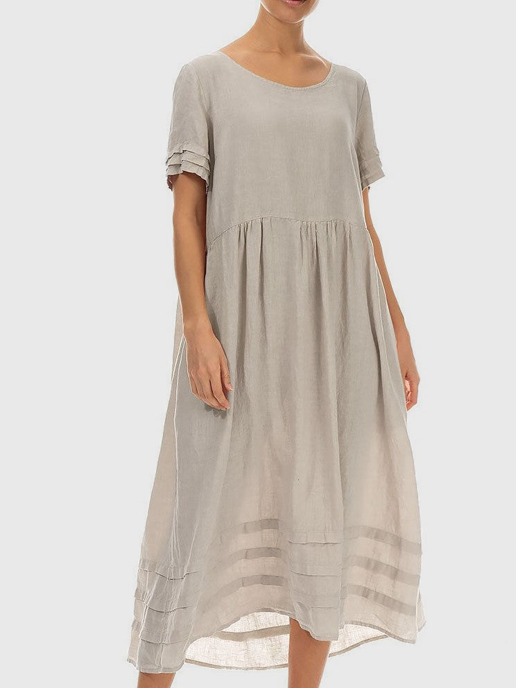 Pleated Crewneck Short Sleeve Cotton-Linen Dress