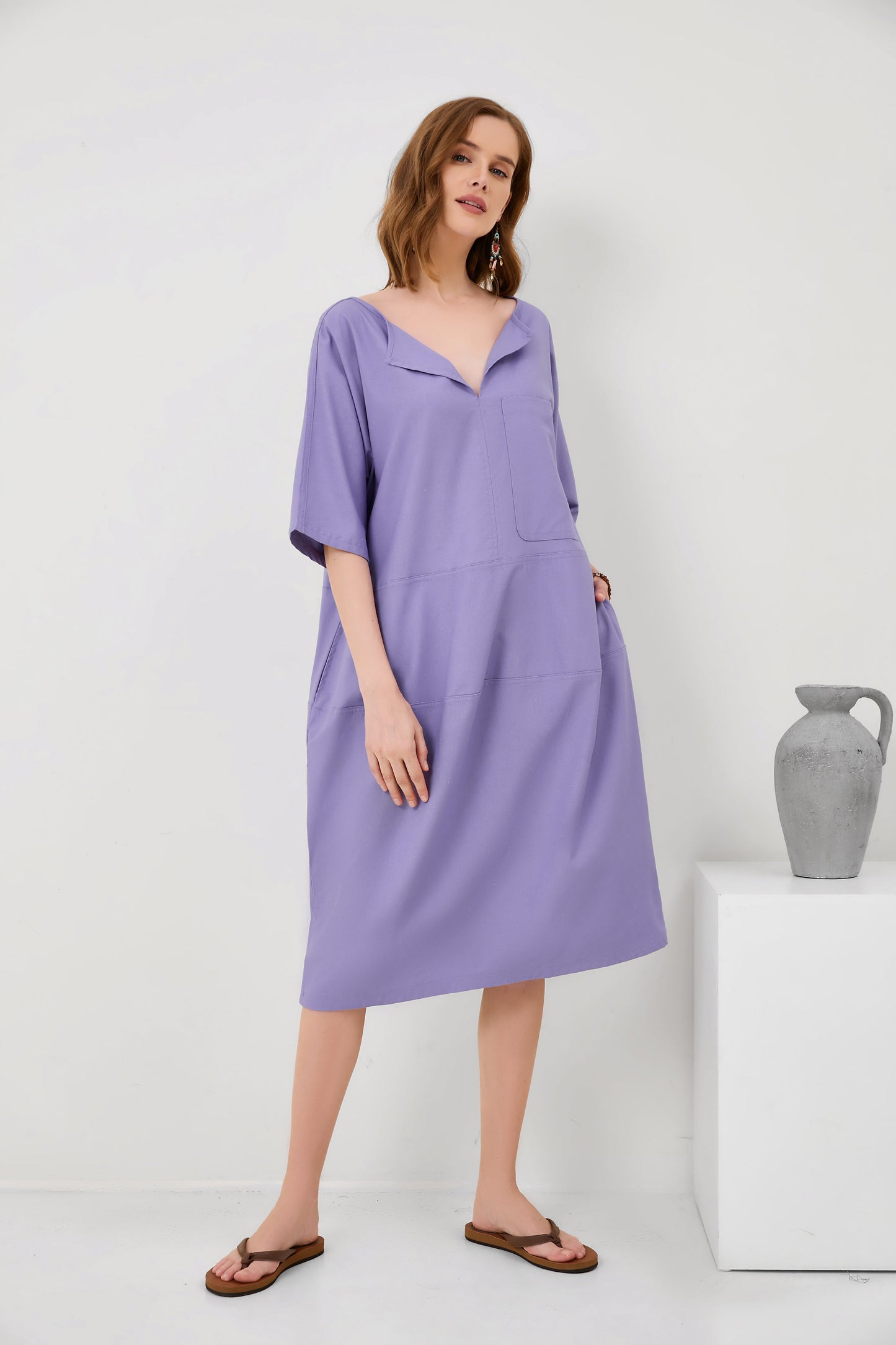 Fashion V-Neck Loose Pocket Mid-Sleeve Mid-Sleeve Cotton Linen Dress