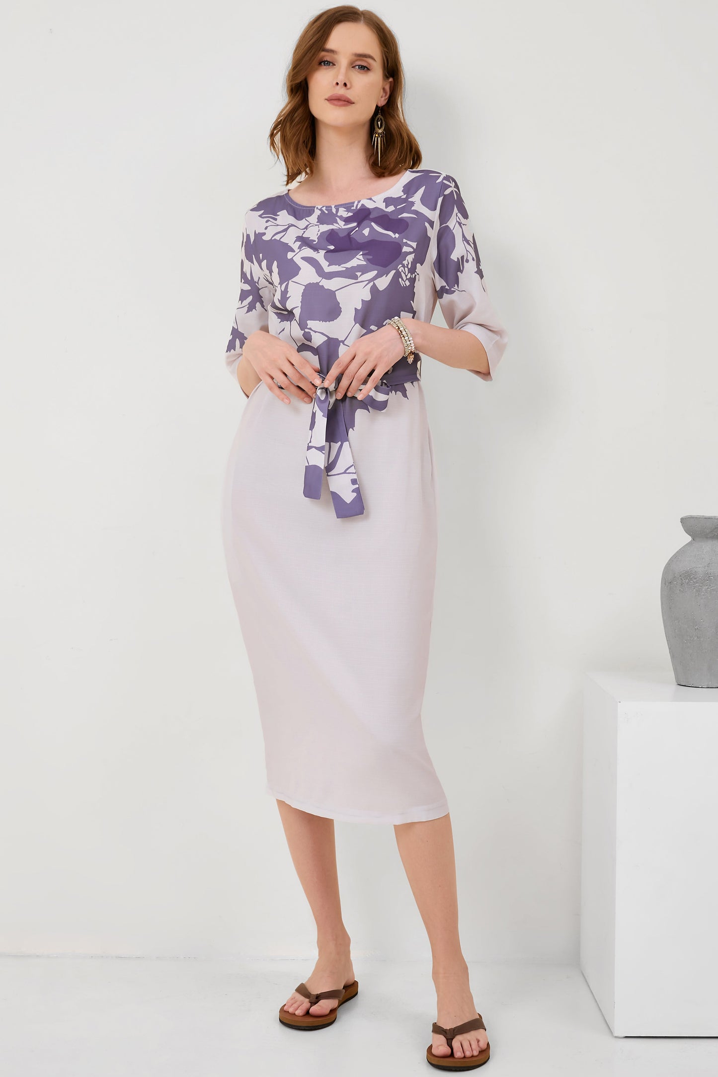Cotton-Linen Floral Print Mid-Sleeve Dress