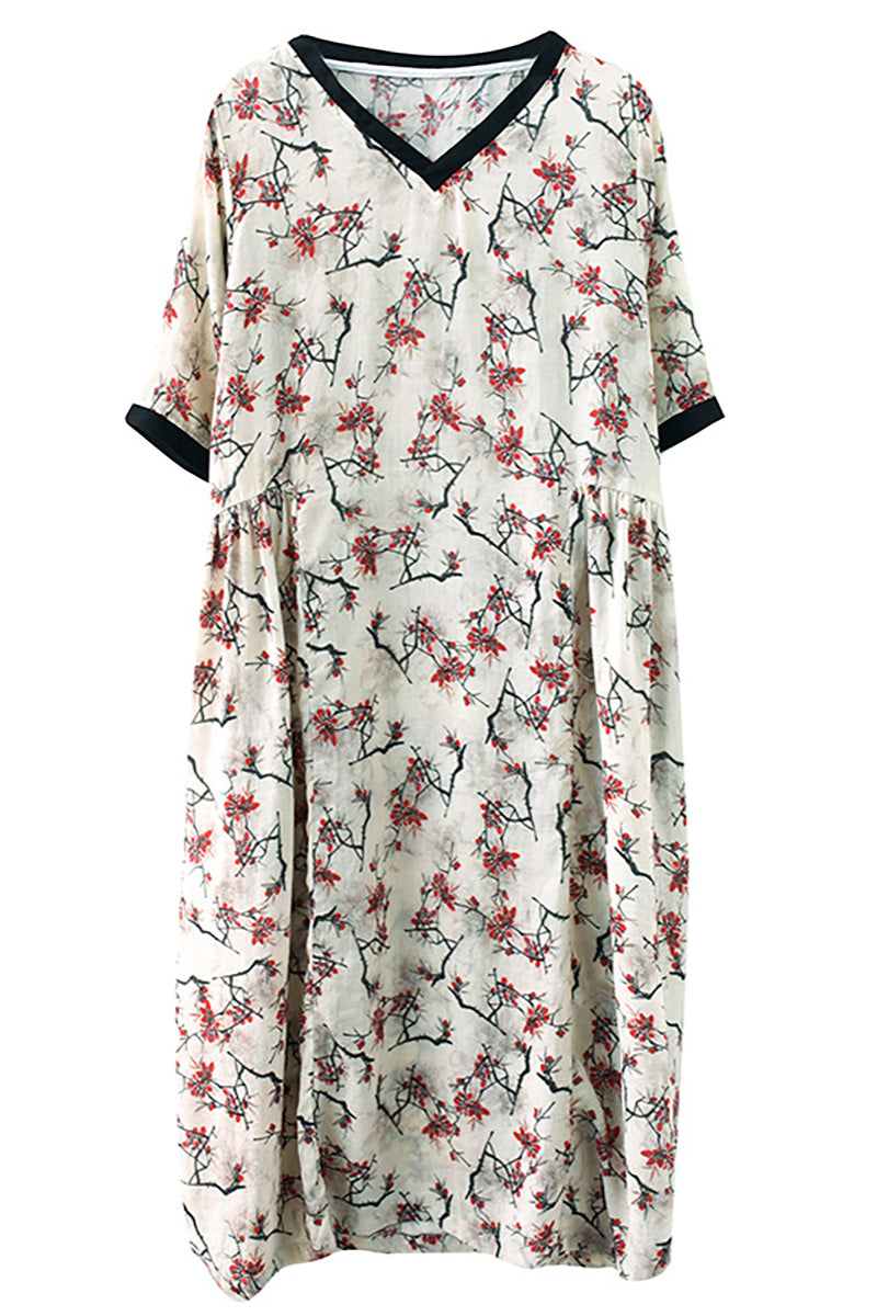 Half Sleeve V Neck Floral Print Linen Midi Dress