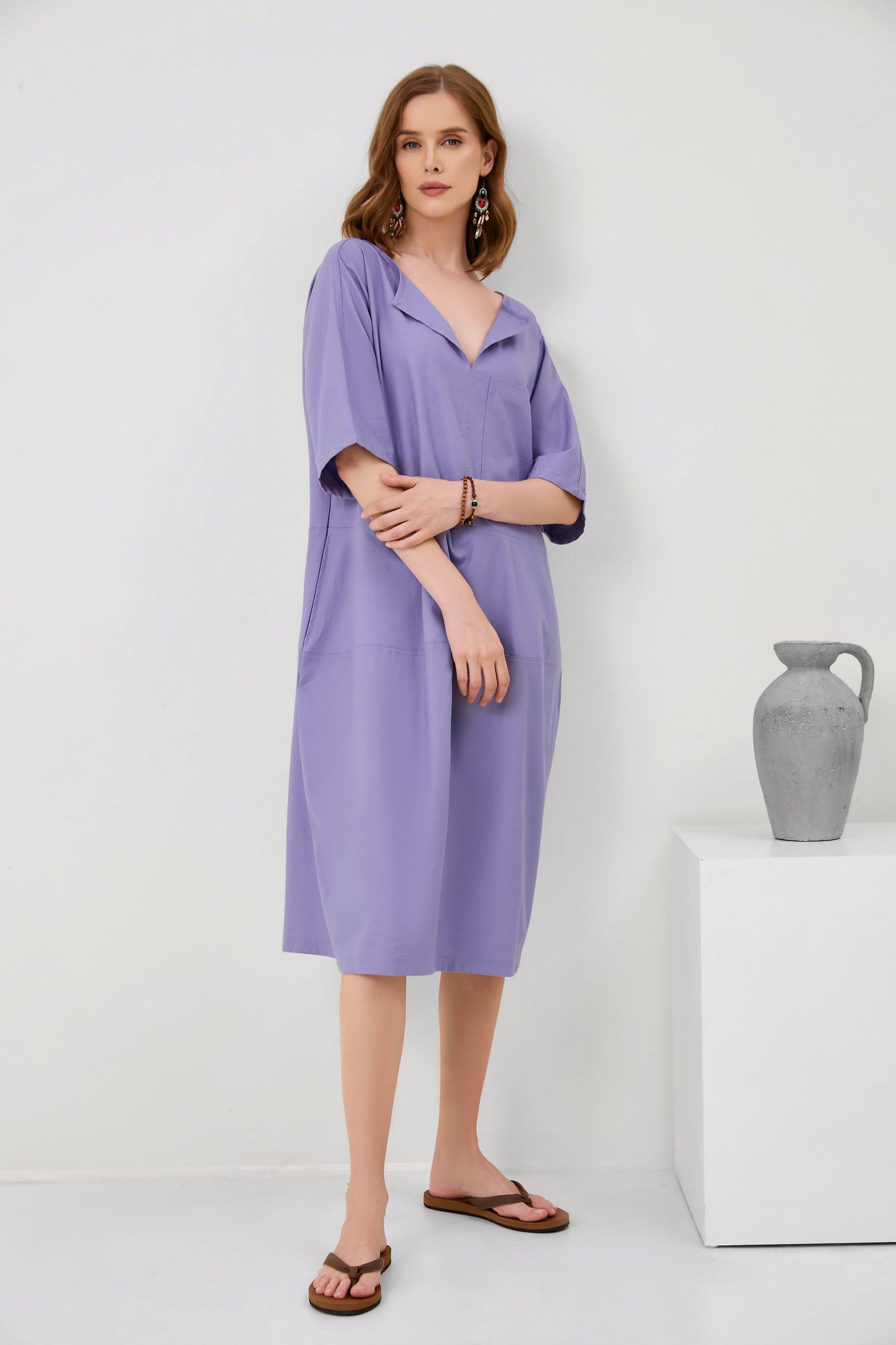 Fashion V-Neck Loose Pocket Mid-Sleeve Mid-Sleeve Cotton Linen Dress