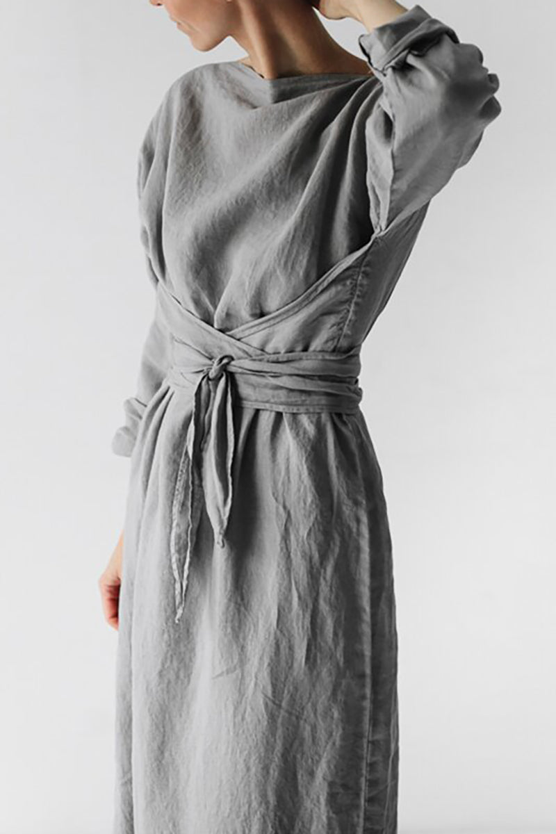 Linen Boat Neck Long Sleeve Tie Up Loose Fit Casual Maxi Dress