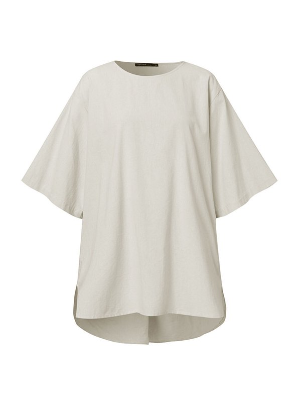 Cotton And Linen Solid Color Retro Round Neck Fashion Loose Top