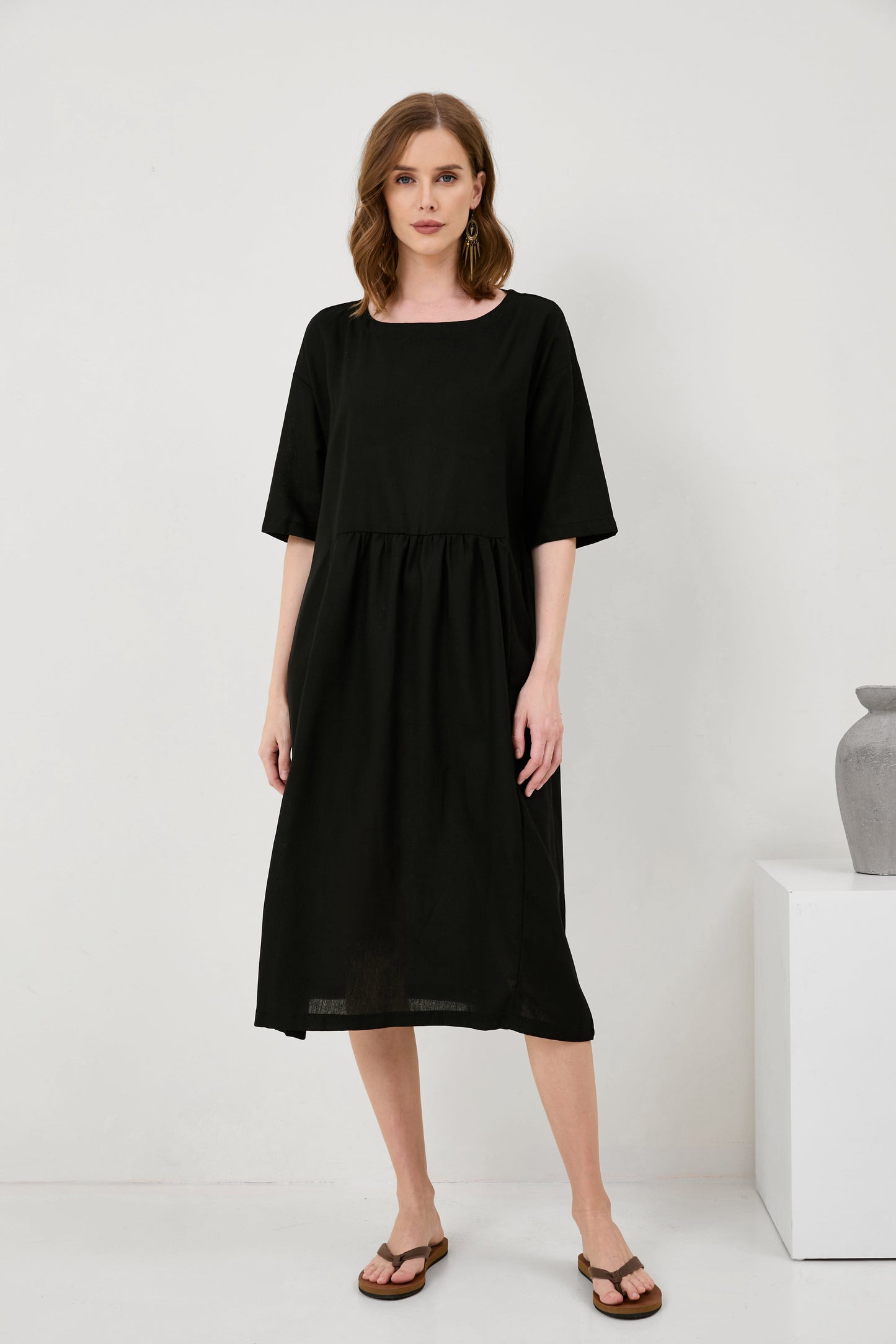 Cotton And Linen A-Line Midi Dress