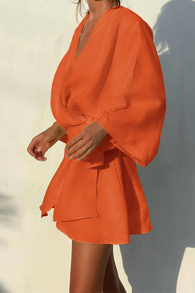Linen V Neck Flare Sleeve Ruched Tie A-Line Hem Casual Mini Dress