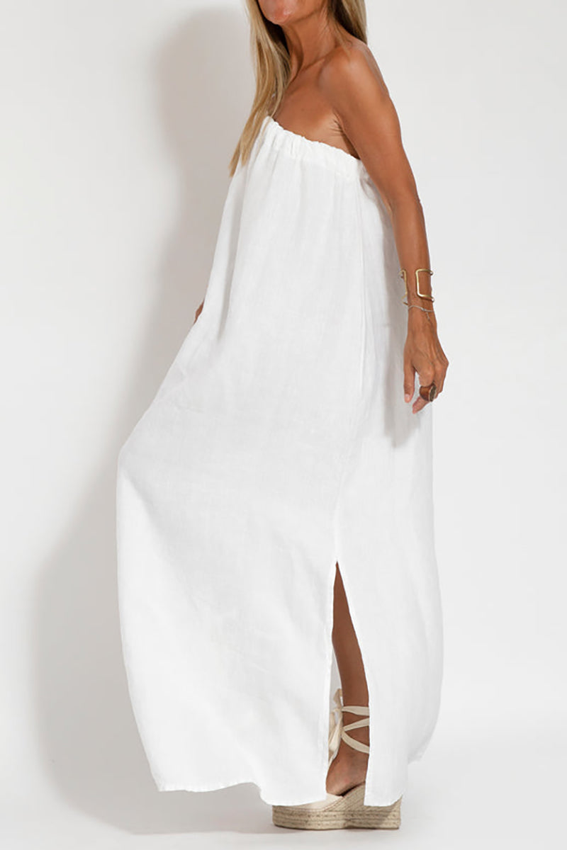 Sash Cami Boat Neck Slit Linen White Maxi Dress Pre Order