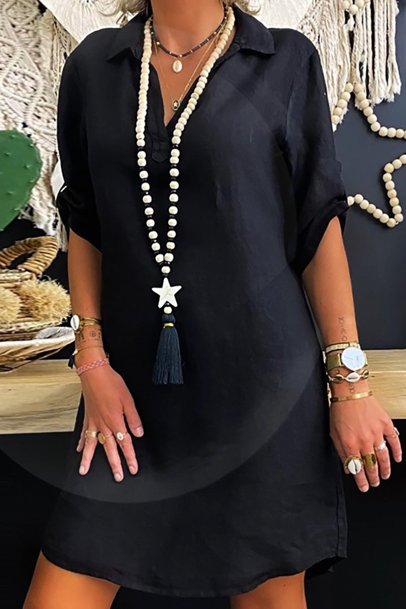 V Neck Roll Sleeve Linen Shirt Mini Dress