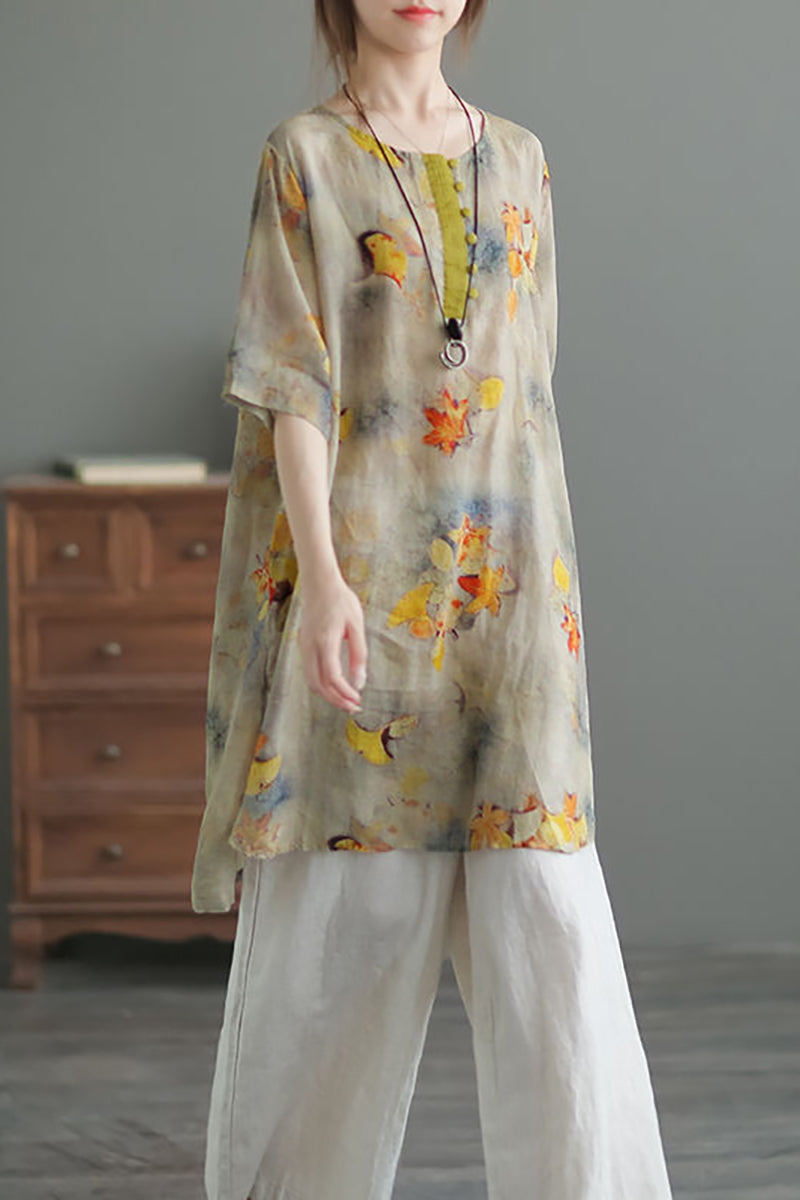 Round Neck Three Quarter Sleeve Irregular Hem Linen Top