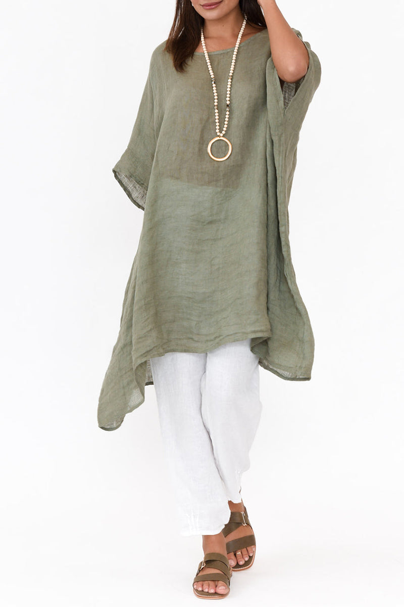 Linen Green Round Neck Bat Wing Sleeve Irregular Hem Top Pre Order