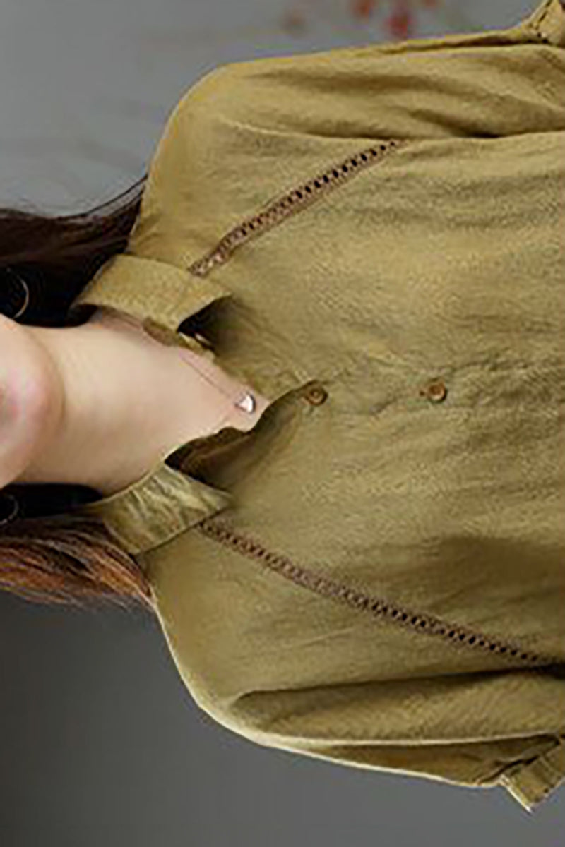 Linen Half Sleeves Turndown Collar Blouse