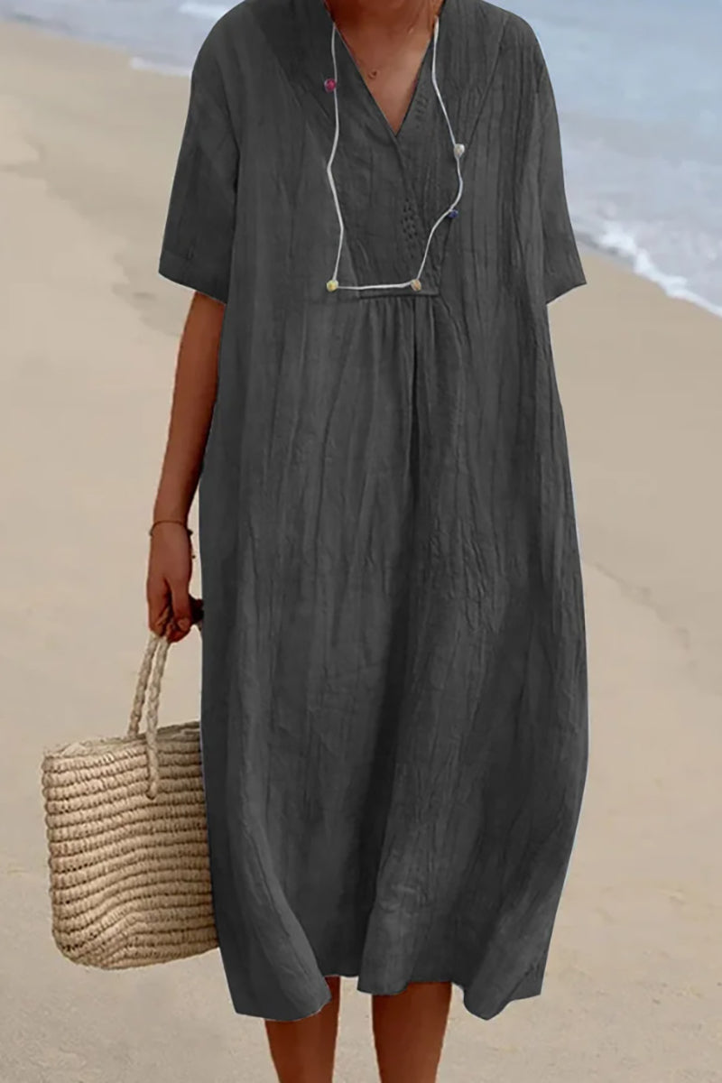 Linen V Neck Short Sleeve Midi Dress